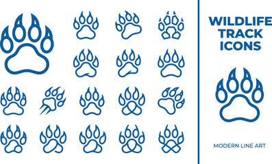 Wildlife track icons animal paw prints bear footprints for nature design modern line art. © NirboBE