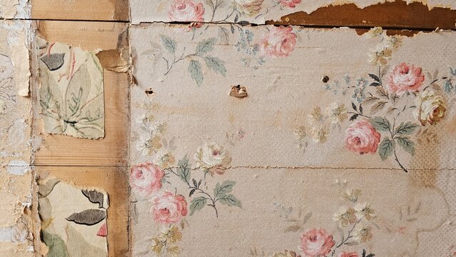 Vertical multi layer texture of different torn vintage wallpapers on wood.