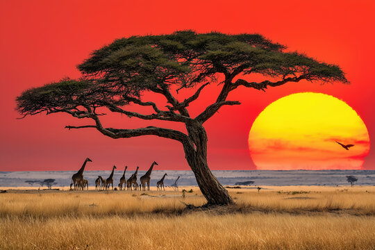 Dramatic Red Sun Setting Over African Savanna Horizon