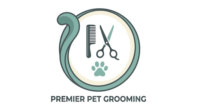 Professional Pet Grooming Logo Design featuring Scissors, Comb, and Paw Print in a Circle for Animal Care Services