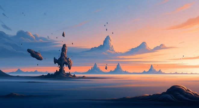 Surreal Alien Landscape with Levitating Sculptural Rocks at Twilight