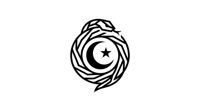 Minimalist Snake and Crescent Moon Vector Illustration, Stylized Geometric Serpent with Star Emblem