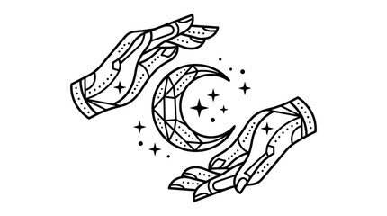 Fototapeta premium Mystical Hands Holding a Crescent Moon Vector Illustration with Geometric Stars and Esoteric Celestial Elements