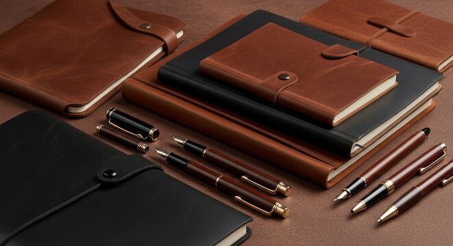 Curated Still Life of Executive Leather Notebooks and Luxury Fountain Pens