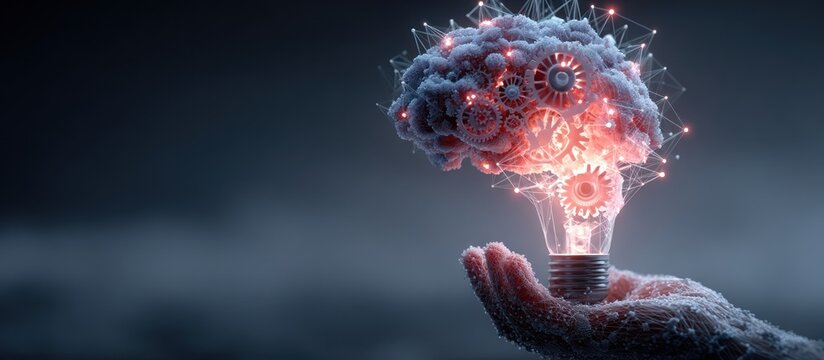 A glowing brain-shaped lightbulb held by a frosty hand, set against dark