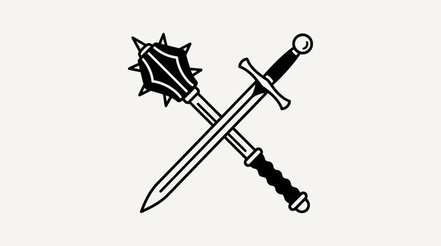 Crossed medieval weapons icon illustration featuring a sword and a spiked mace morning star in black line art style