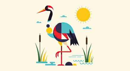 Naklejka premium Stylized Geometric Crane Illustration Standing in a Marsh with Sun and Clouds - Modern Abstract Vector Art of a Bird in Nature
