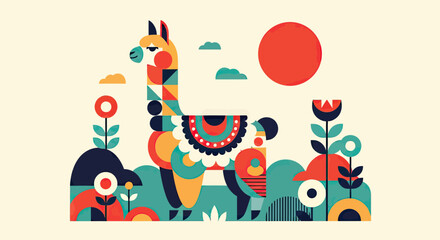 Fototapeta premium Stylized Geometric Llama Illustration with Colorful Folk Art Patterns and Abstract Landscape