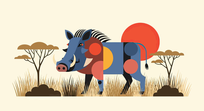 Stylized Geometric Warthog Illustration in African Savannah Landscape with Red Sun