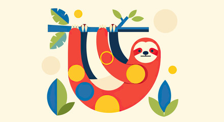 Fototapeta premium Vibrant Geometric Sloth Illustration: Stylized Wild Animal Hanging from a Jungle Branch in a Modern Flat Art Style