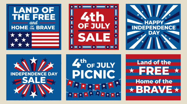 Patriotic 4th of July sale banners collage featuring American flag motifs, Independence Day themes, and festive red, white, and blue graphics