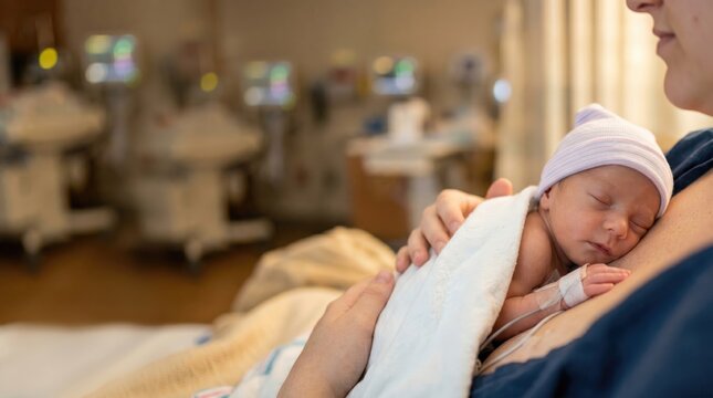 Premature baby sleeping on parent's chest in hospital NICU