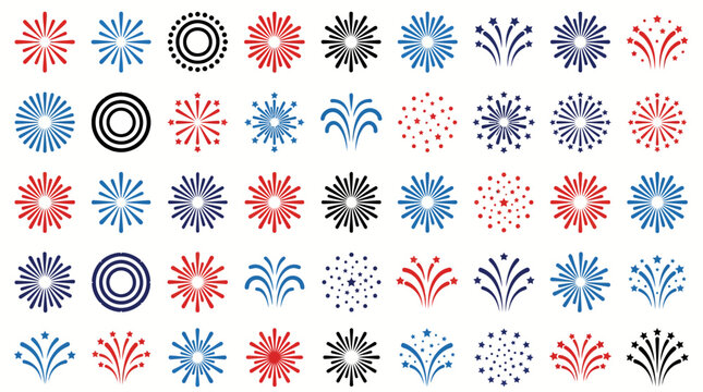 Collection of decorative circular starburst icons in blue, red and black on white background