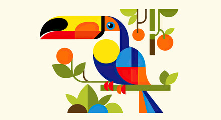 Fototapeta premium Colorful Geometric Toucan Illustration Perched on a Tropical Branch with Fruits and Leaves, Modern Minimalist Vector Bird Art