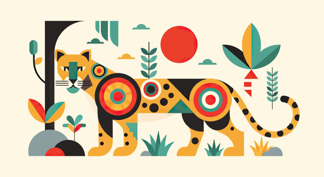 Abstract Geometric Jaguar Illustration with Modern Jungle Motif and Vibrant Red Sun