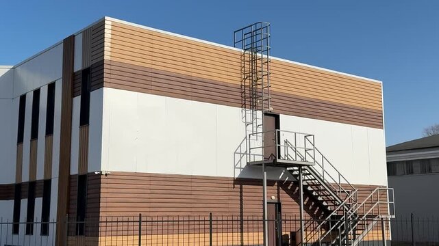 Modern building exterior with iron staircase, siding covered roof and metal ladder cage. Brown cladding over white wall