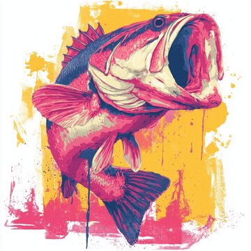 Dynamic graphic design of a jumping bass fish with open mouth and colorful paint splashes. Modern pop art style illustration for fishing apparel and gear.