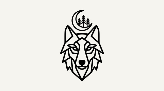 Minimalist Wolf Head Geometric Illustration with Crescent Moon and Forest Trees