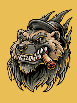 Furry angry bear head illustration.