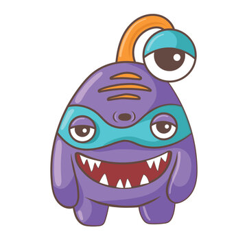 Purple cartoon alien with sleepy eyes, sharp teeth and funny antenna isolated on white background. Funky fantasy mascot illustration for stickers, casual games and kids artwork