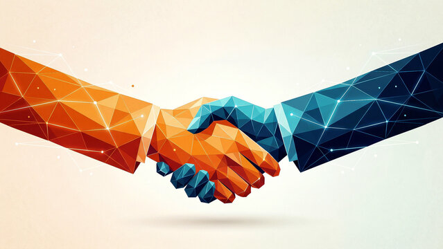 Polygonal low poly handshake illustration with orange and blue geometric hands and network nodes symbolizing tech partnership perfect for corporate branding banner