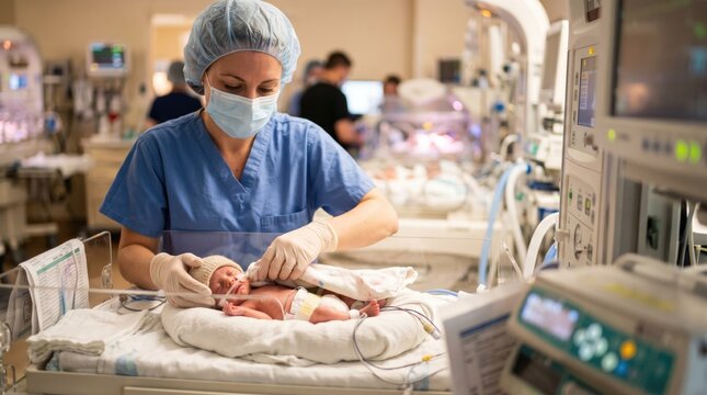 Nurse tending to a newborn in an incubator in a NICU