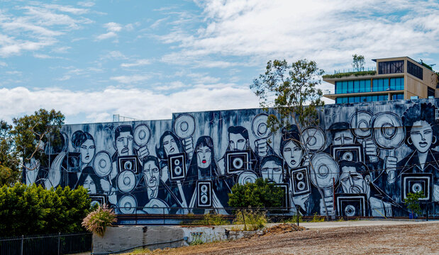 Black and White Music Mural on Building Wall in Los Angeles