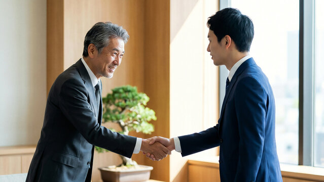 Smiling senior executive shaking hands with young professional in modern Japanese office with bonsai golden warmth harmony perfect for recruitment corporate brochure advertising