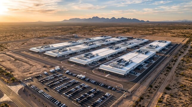 Aerial Drone View of Large Data Center Campus in Desert Landscape at Sunset with Mountains Background