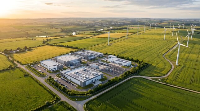 Aerial Wide-Angle Shot of Data Center Campus Showing Hyperscale Computing Infrastructure from Above