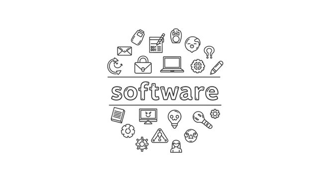 Software development concept illustration with line art icons arranged in a circle.