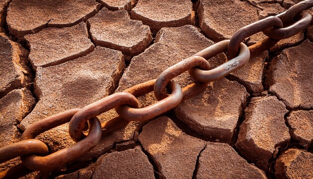 rusty metal chain links lie on cracked dry earth drought and hardship are represented by the weathered surface and corroded metal this scene evokes themes of perseverance and enduring strength