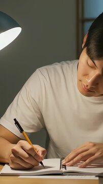 夜の自室でデスクライトの明かりを浴びながら一心不乱に勉強する男子学生