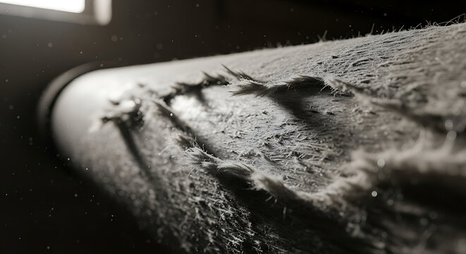 Macro view of damaged asbestos pipe insulation with frayed mineral fibers and airborne dust particles illustrating hazardous material exposure and remediation needs