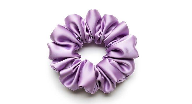 Purple satin hair scrunchie on white.
