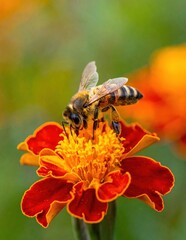 Fototapeta premium Honey bee pollinating vibrant red and orange marigold flower in garden, closeup nature photography, insect collecting nectar, summer atmosphere