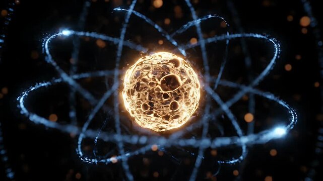 Abstract glowing atom model with blue energy rings and bright nucleus on black space