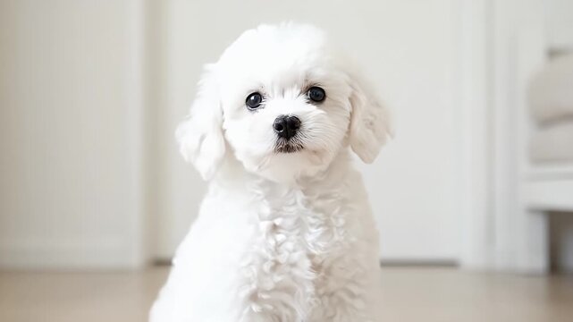 White bichon frise puppy sitting on the floor in a bright room looking at the camera