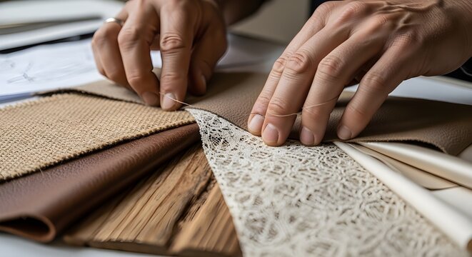 Skilled tailor hands carefully examining diverse textile fabric samples to select the perfect material for a high quality custom clothing design project in this detailed photo