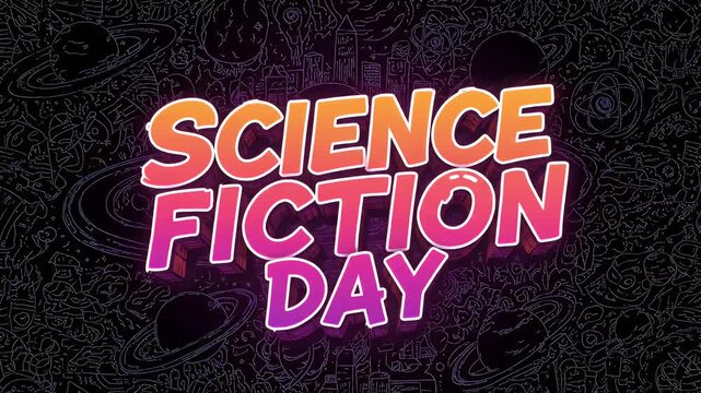Science fiction day title with retro typography and cosmic space background patterns