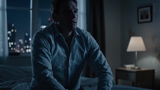 Man Sitting on Bed Crying at Night &mdash; Anxiety, Depression and Emotional Distress Concept
