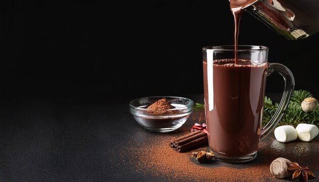 pouring tasty hot chocolate cocoa drink into glass mug with ingredients on black table copy space dark background low key