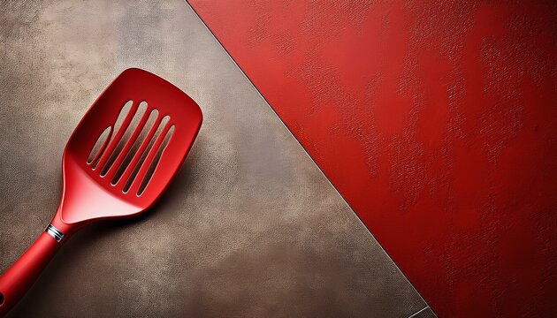 red kitchen spatula on textured background neutral corner indoor