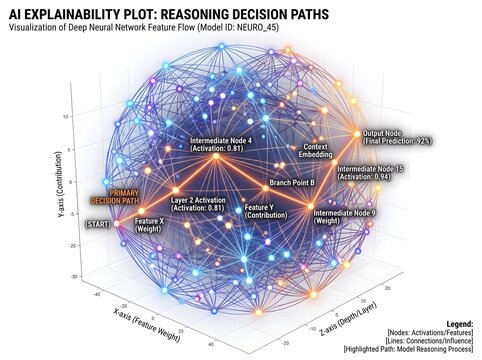AI Explainability Plot: A 3D scatter plot graph representing "AI Reasoning," with glowing nodes and connecting lines showing decision paths, white background for clean UI use.