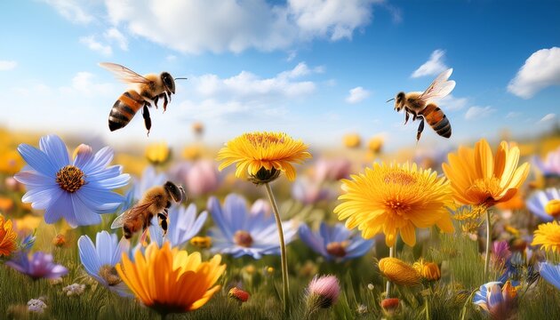 bees and flowers in spring field
