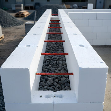 An insulated concrete form foundation wall under construction, showing parallel white foam blocks connected by red ties and filled partially with gravel. Generative AI