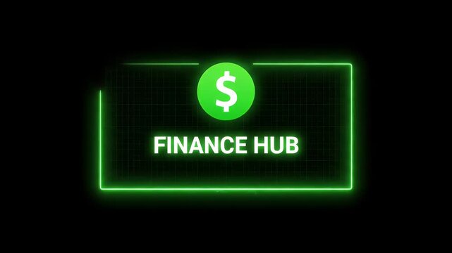 finance hub digital logo featuring the glowing green dollar sign icon and neon frame