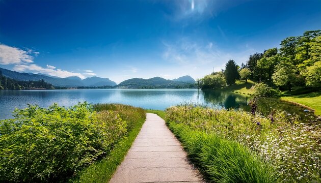 scenic pathway beside tranquil lake with green vegetation and blue sky in daylight