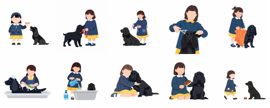 Set of vector illustrations featuring a young girl grooming and caring for her black cocker spaniel dog, including bathing, brushing, and feeding