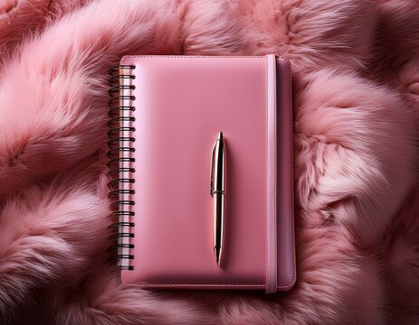 a pink furry notebook with a pen on a furry background